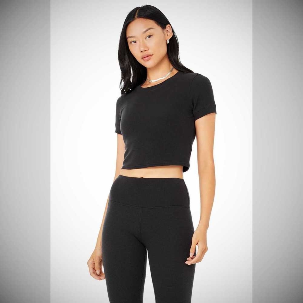 Alo Yoga Micro Waffle Sierra Top Short Sleeve Damen Schwarz | GQAIZP195