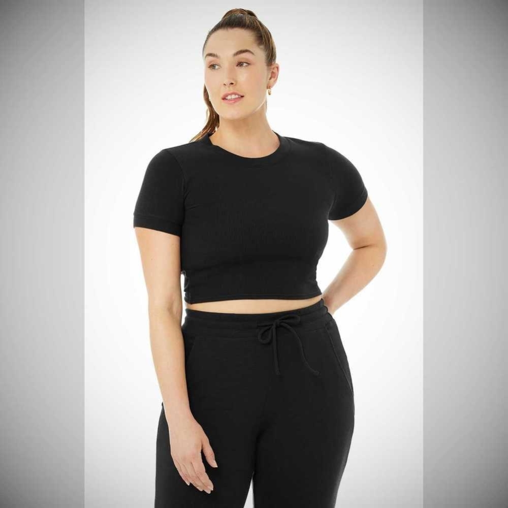 Alo Yoga Micro Waffle Sierra Top Short Sleeve Damen Schwarz | GQAIZP195