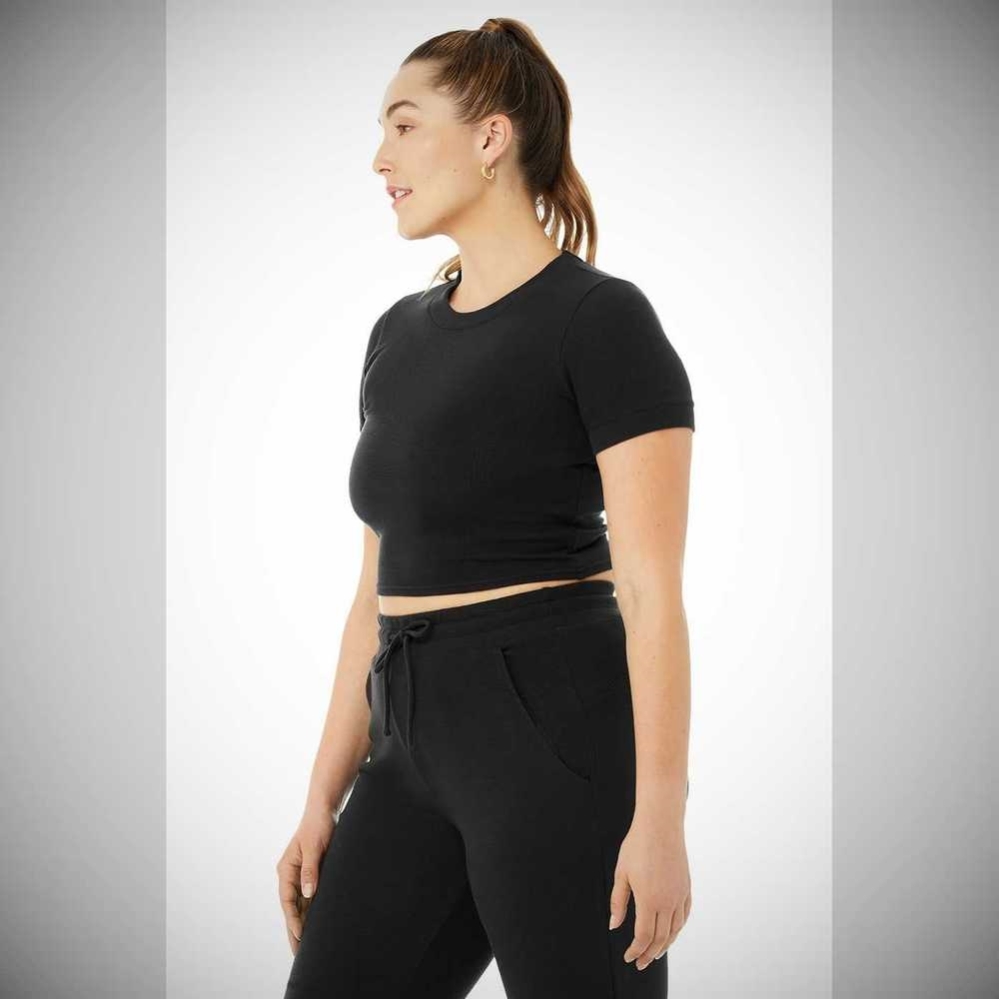 Alo Yoga Micro Waffle Sierra Top Short Sleeve Damen Schwarz | GQAIZP195