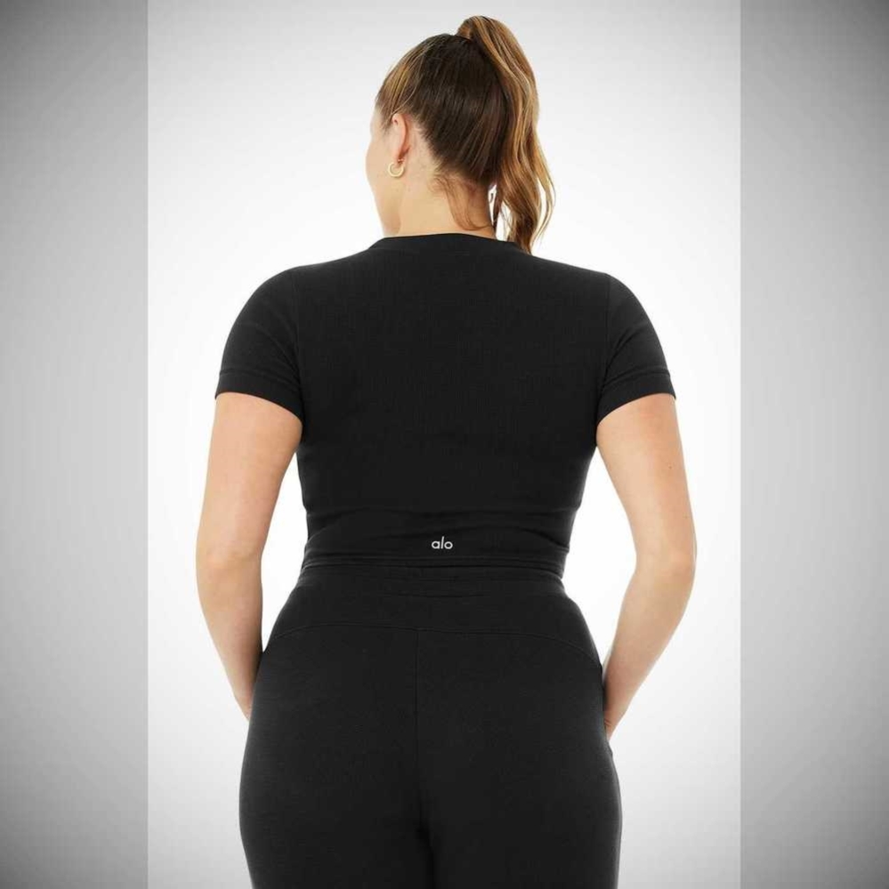 Alo Yoga Micro Waffle Sierra Top Short Sleeve Damen Schwarz | GQAIZP195