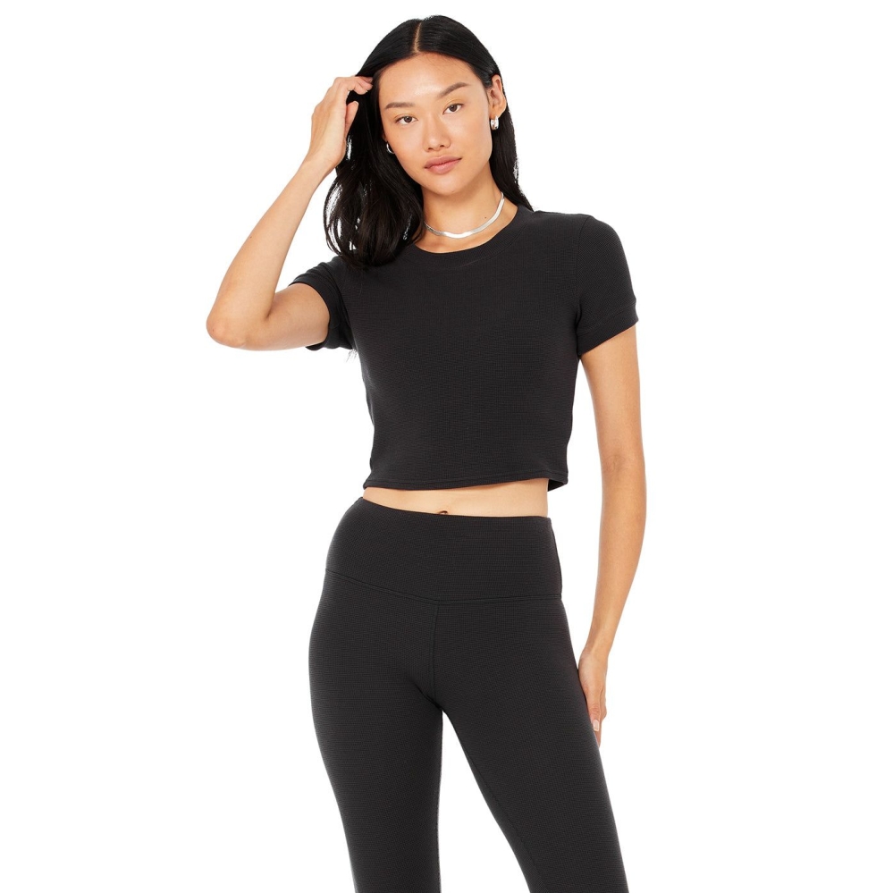 Alo Yoga Micro Waffle Sierra Top Short Sleeve Damen Schwarz | GQAIZP195