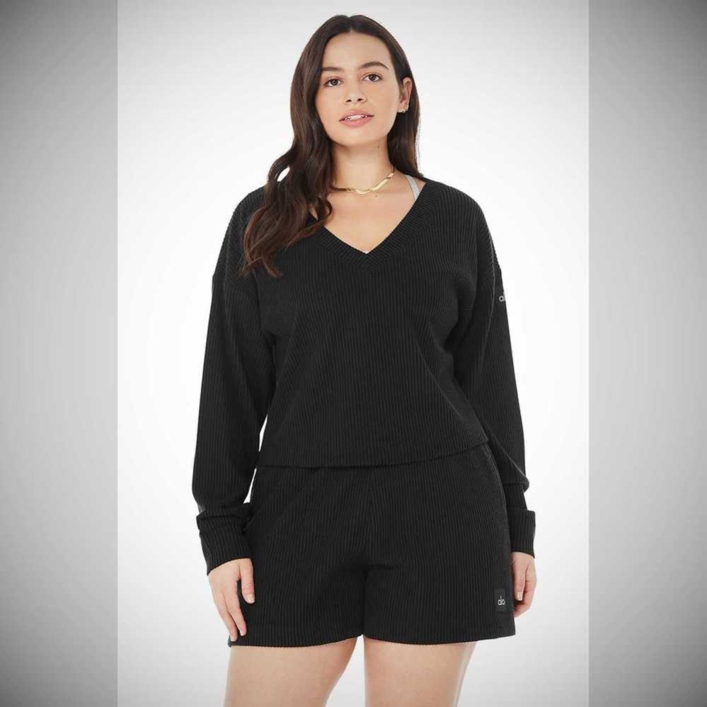 Alo Yoga Muse V-Neck Pullover Damen Schwarz | OBIXTK406