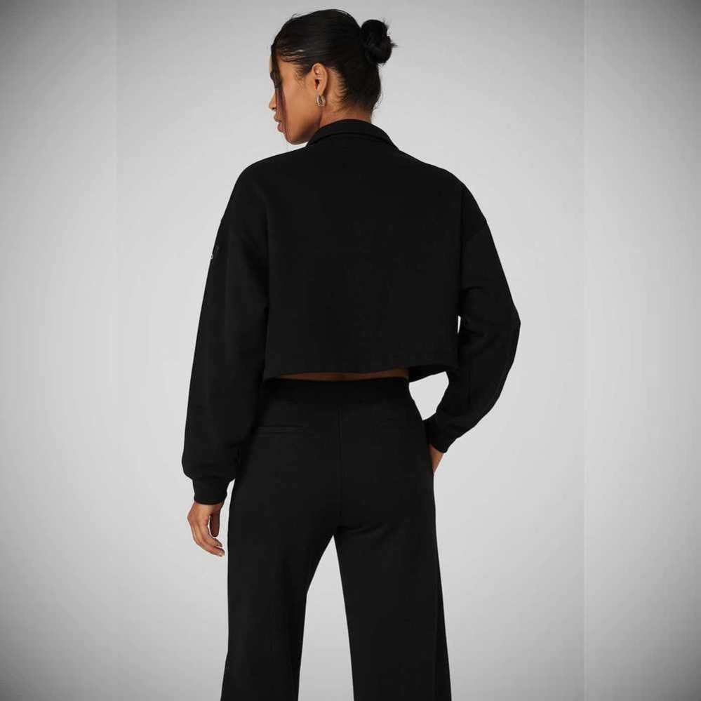 Alo Yoga Renown Cropped Button-Up Pullover Damen Schwarz | KBCXTU428