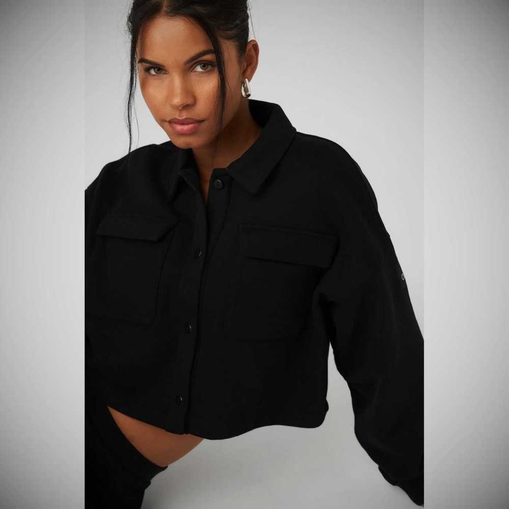 Alo Yoga Renown Cropped Button-Up Pullover Damen Schwarz | KBCXTU428