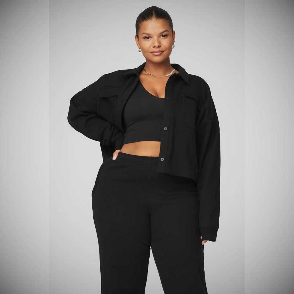 Alo Yoga Renown Cropped Button-Up Pullover Damen Schwarz | KBCXTU428