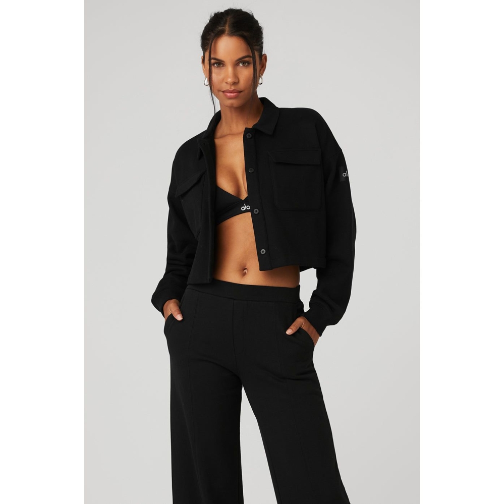 Alo Yoga Renown Cropped Button-Up Pullover Damen Schwarz | KBCXTU428