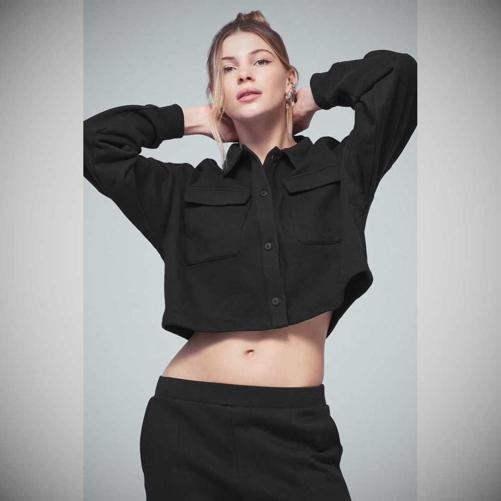 Alo Yoga Renown Cropped Button-Up Pullover Damen Schwarz | VBADUY904