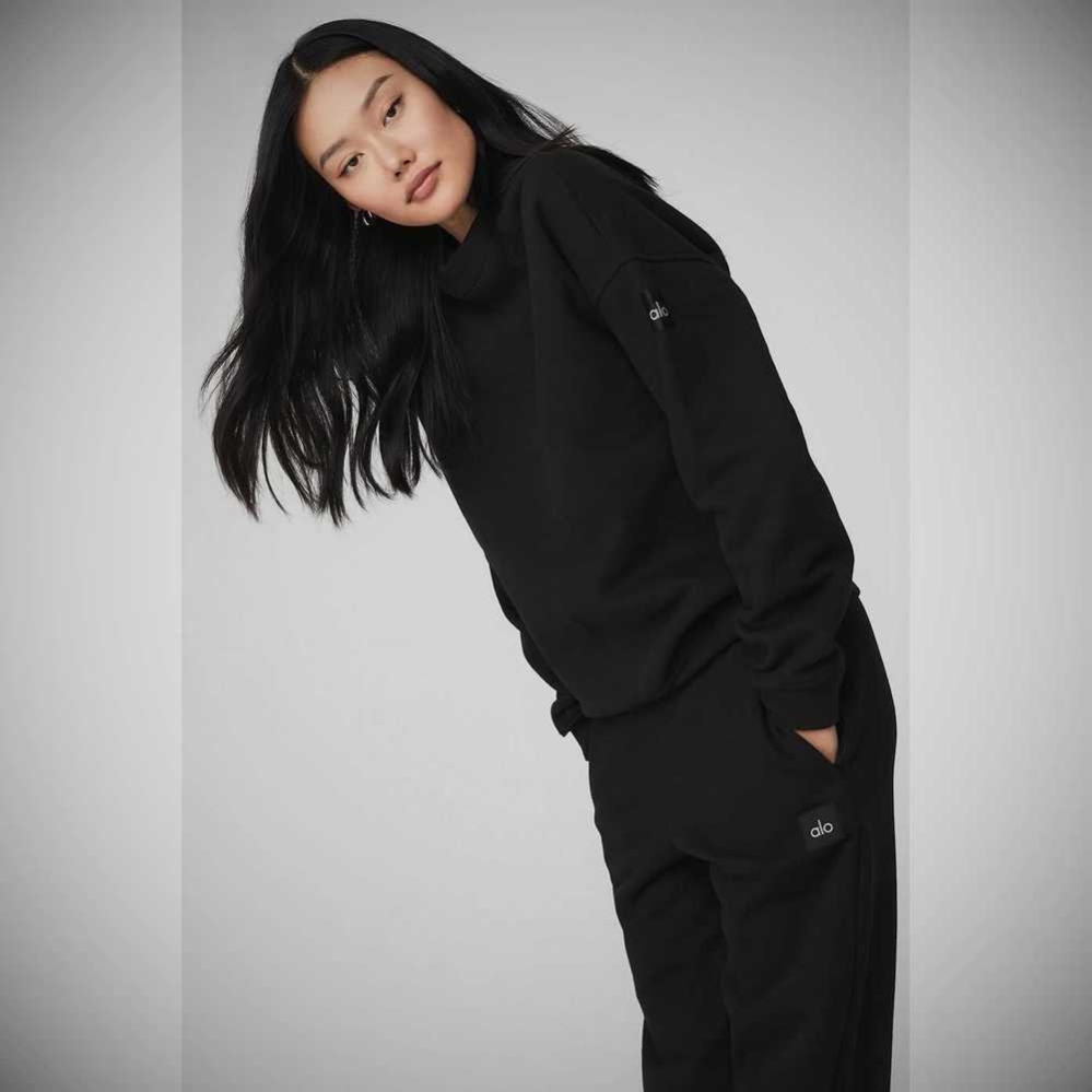 Alo Yoga Renown Heavy Weight Crew Neck Pullover Damen Schwarz | DEXWRL810