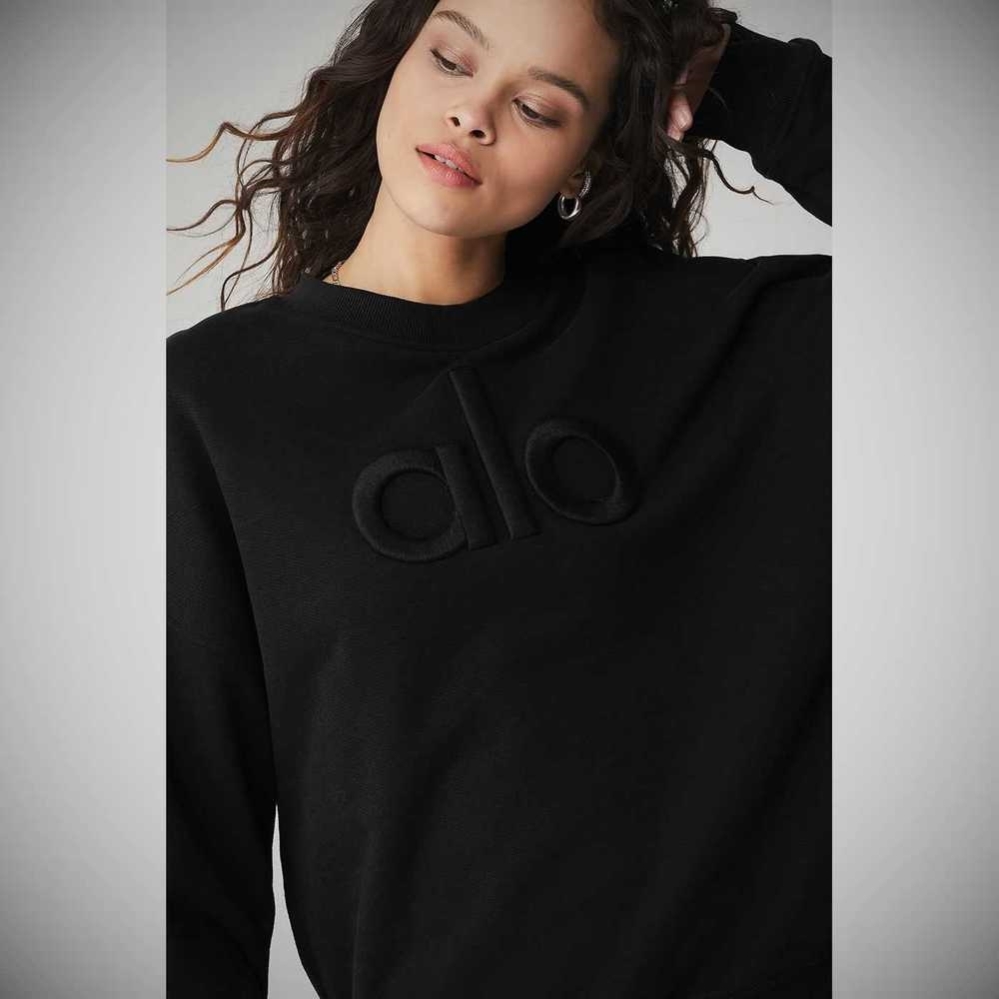 Alo Yoga Renown Heavy Weight Emblem Crew Neck Pullover Damen Schwarz | RMQFZG301