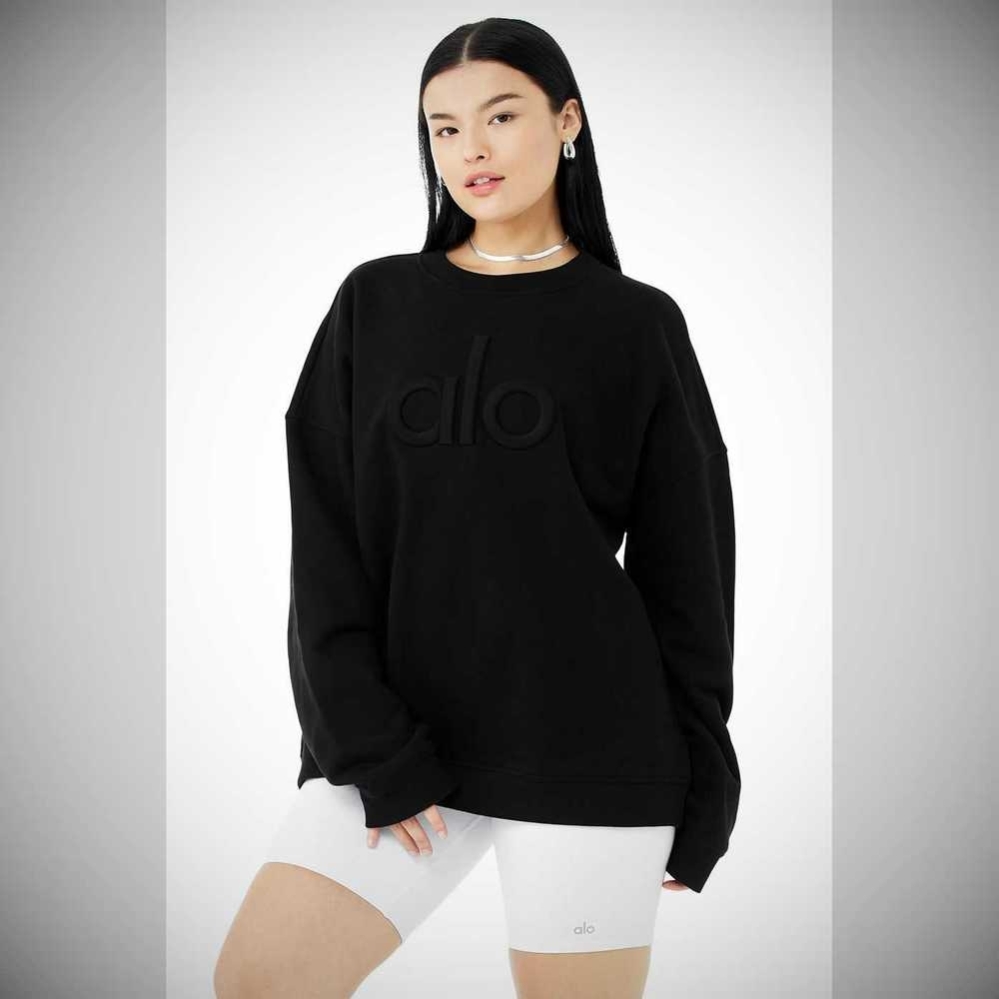 Alo Yoga Renown Heavy Weight Emblem Crew Neck Pullover Damen Schwarz | RMQFZG301