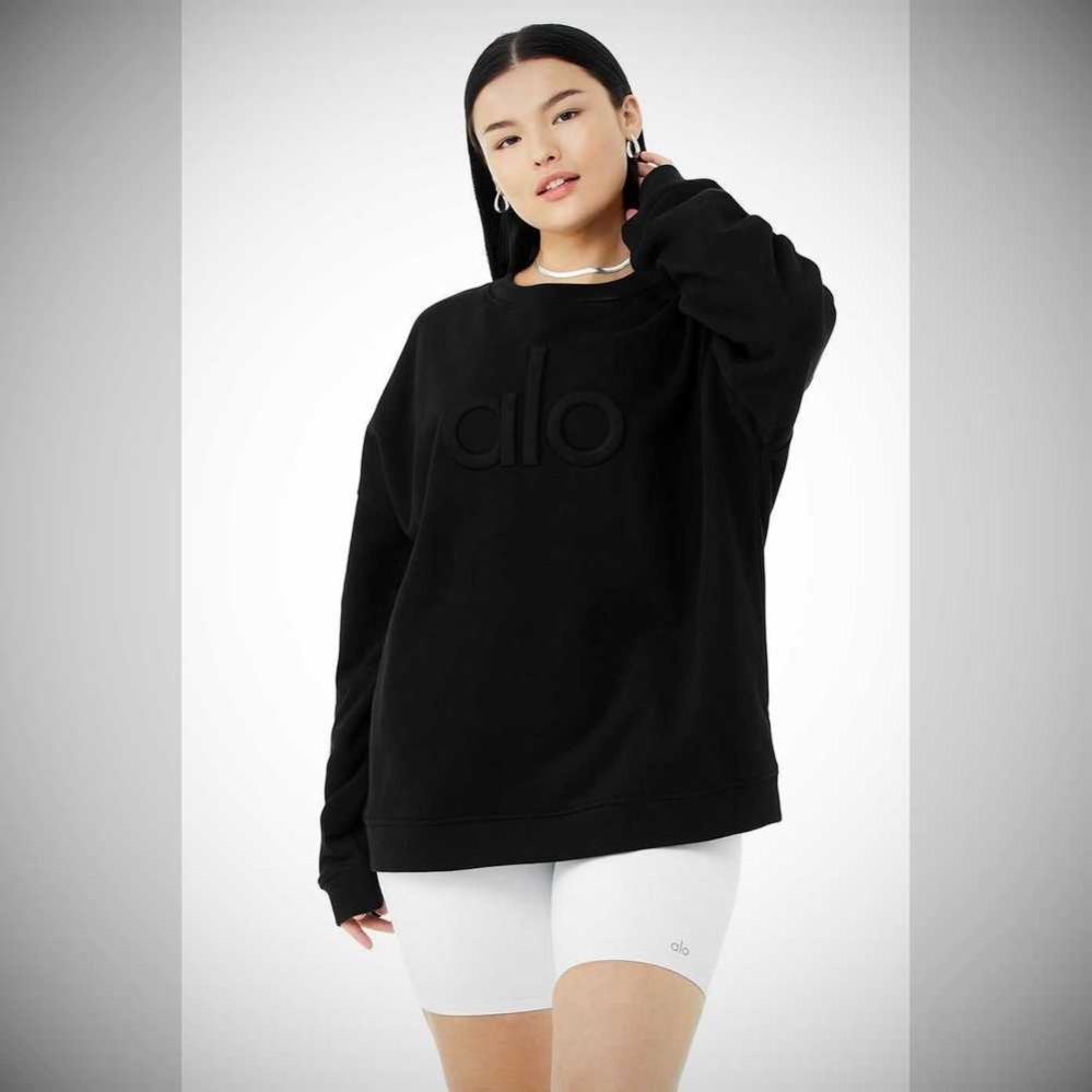 Alo Yoga Renown Heavy Weight Emblem Crew Neck Pullover Damen Schwarz | RMQFZG301