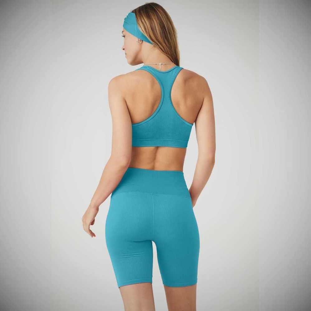 Alo Yoga Seamless Gerippt BHs Damen Blau | UPRVGC836