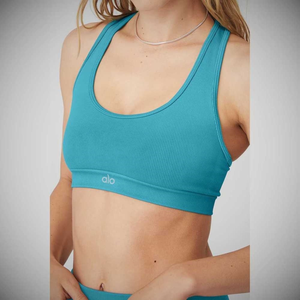 Alo Yoga Seamless Gerippt BHs Damen Blau | UPRVGC836