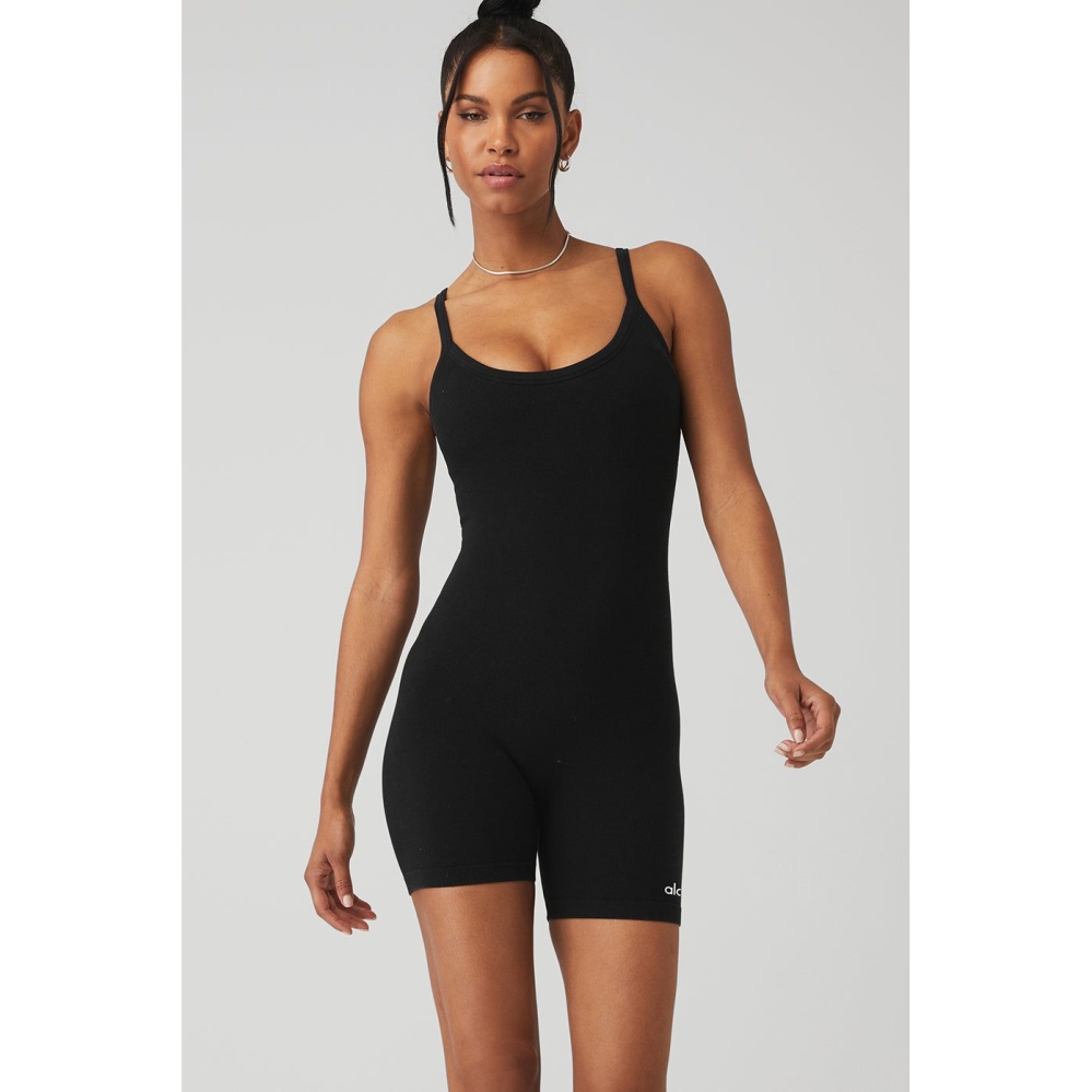 Alo Yoga Seamless Gerippt Mellow Onesies Damen Schwarz | NKTVHU569