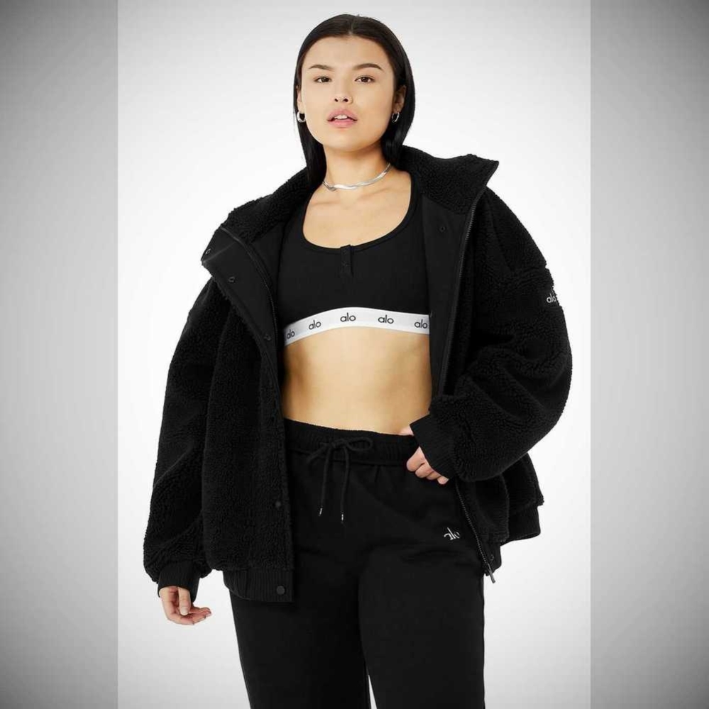 Alo Yoga Sherpa Varsity Jacke Damen Schwarz | IARVKW418