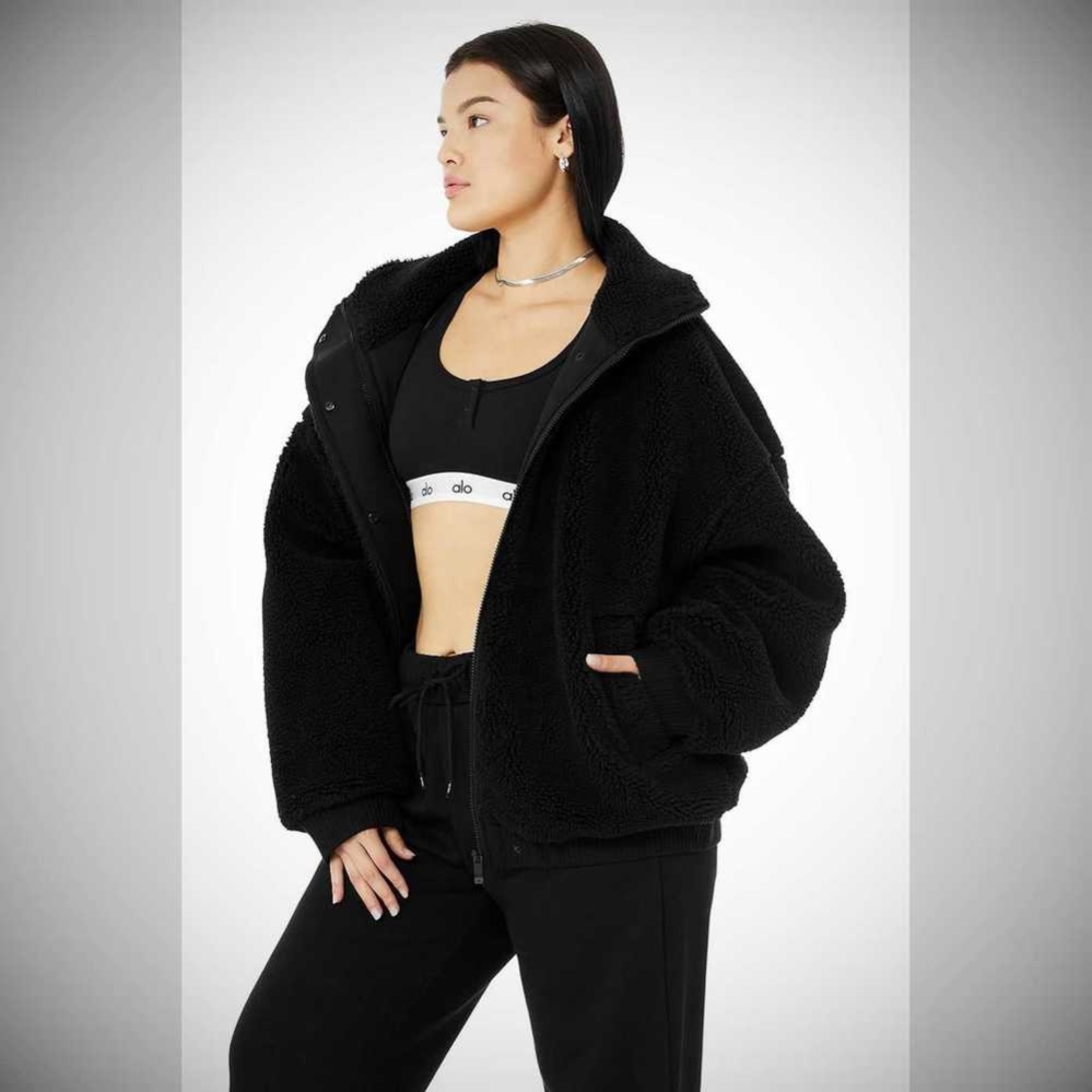 Alo Yoga Sherpa Varsity Jacke Damen Schwarz | IARVKW418