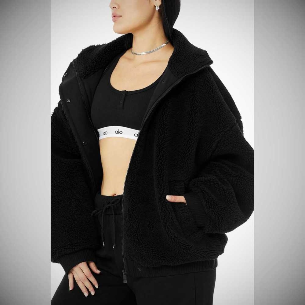 Alo Yoga Sherpa Varsity Jacke Damen Schwarz | IARVKW418