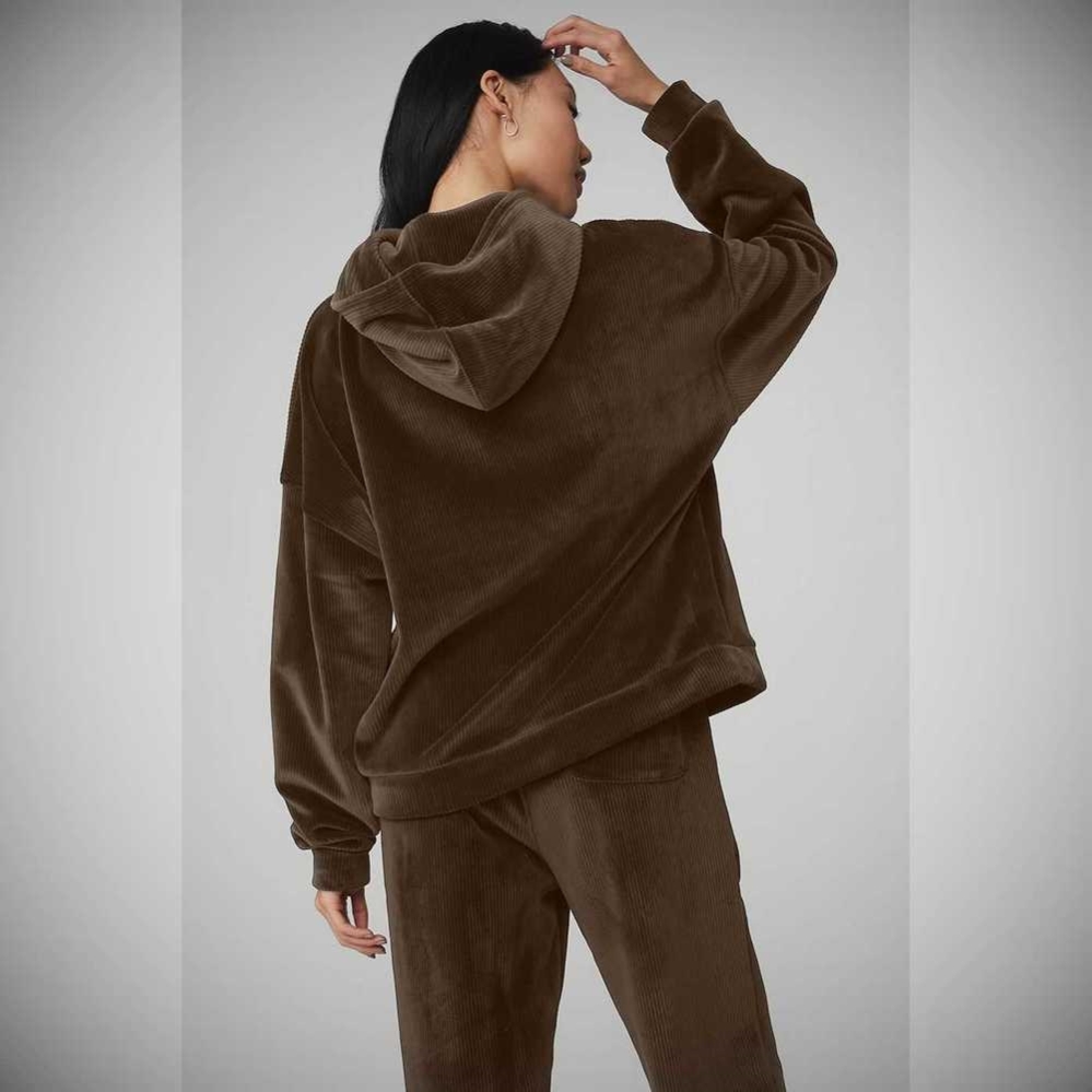 Alo Yoga Velour Baller Hoodie Damen Kaffee | DHRGTL470