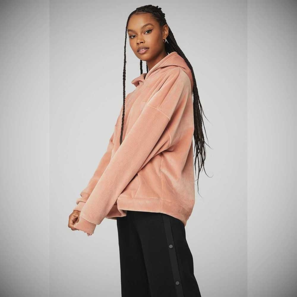 Alo Yoga Velour Baller Hoodie Damen Rosa Grau | YXCPRQ526