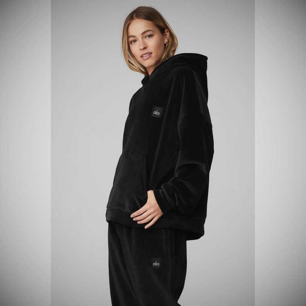 Alo Yoga Velour Baller Hoodie Damen Schwarz | UVJMSI385