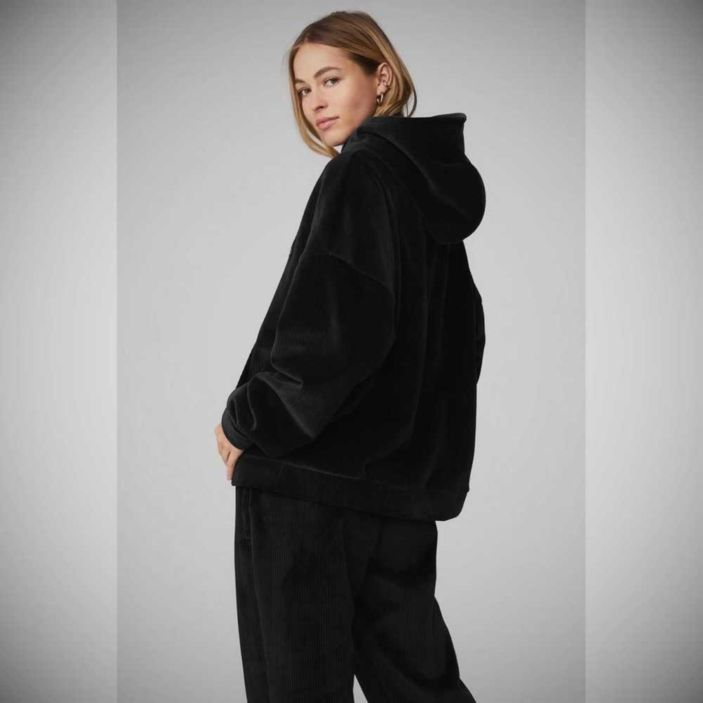 Alo Yoga Velour Baller Hoodie Damen Schwarz | UVJMSI385