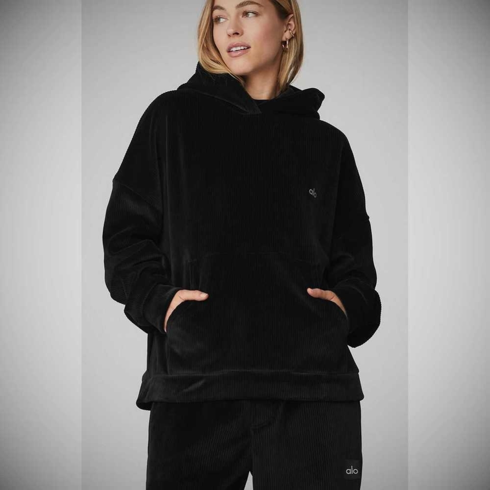 Alo Yoga Velour Baller Hoodie Damen Schwarz | UVJMSI385