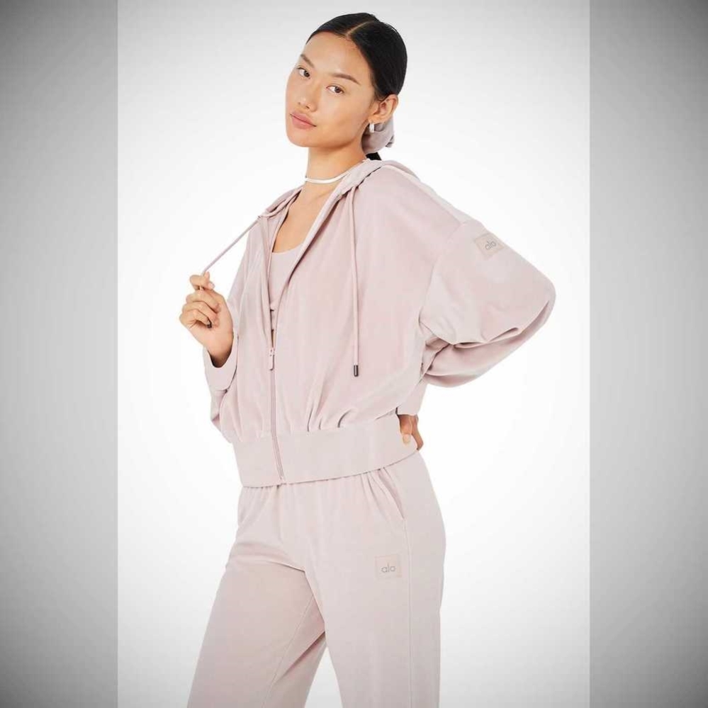 Alo Yoga Velour Glimmer Full Zip Hoodie Damen Grau Rosa | IOXYRJ948