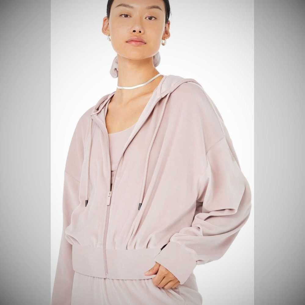 Alo Yoga Velour Glimmer Full Zip Hoodie Damen Grau Rosa | IOXYRJ948