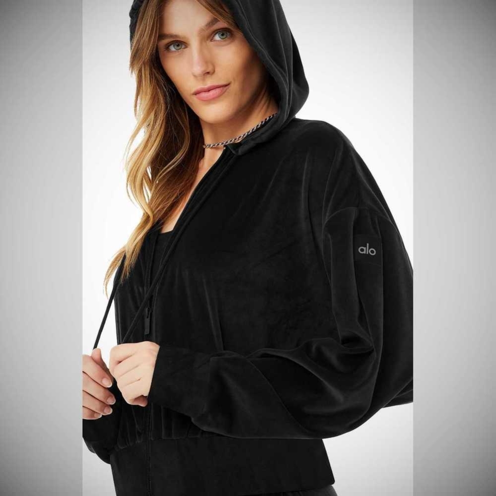 Alo Yoga Velour Glimmer Full Zip Hoodie Damen Schwarz | XCKUTZ093