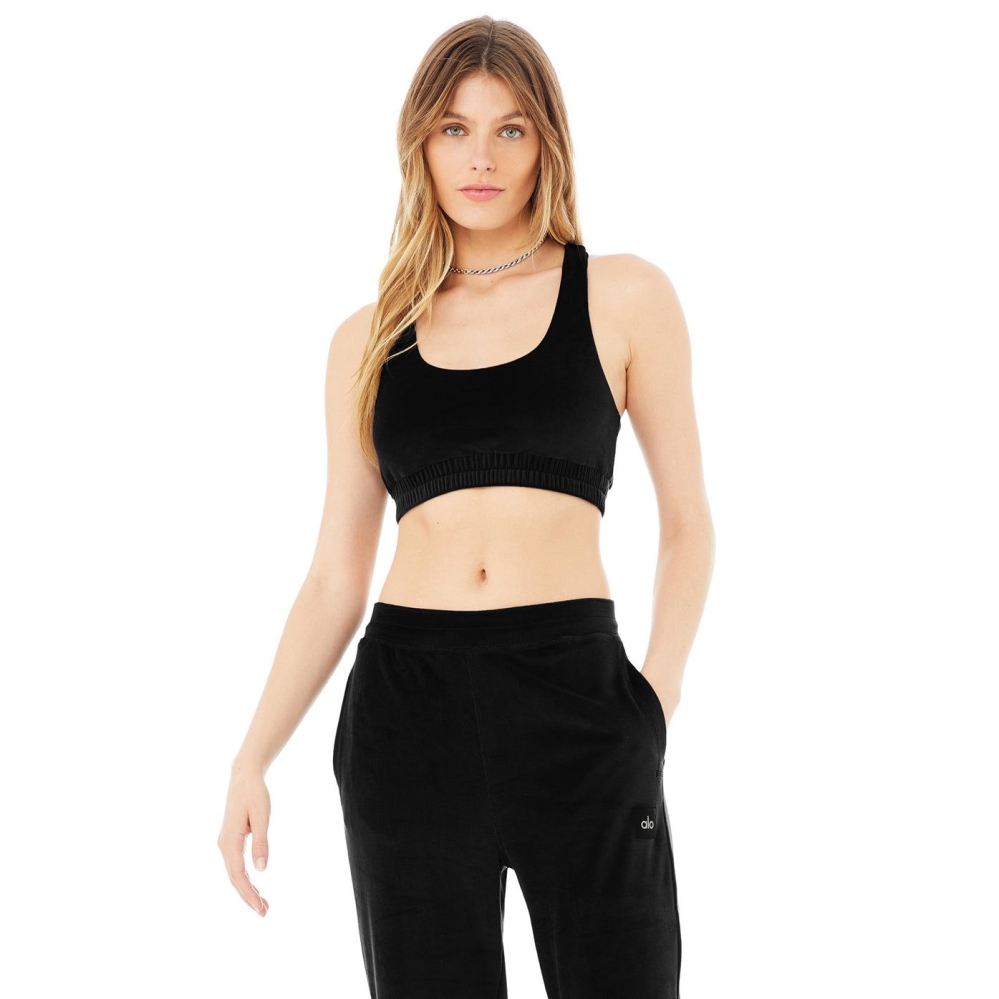 Alo Yoga Velour Glimmer Scoop Neck BHs Damen Schwarz | SJDVLQ271