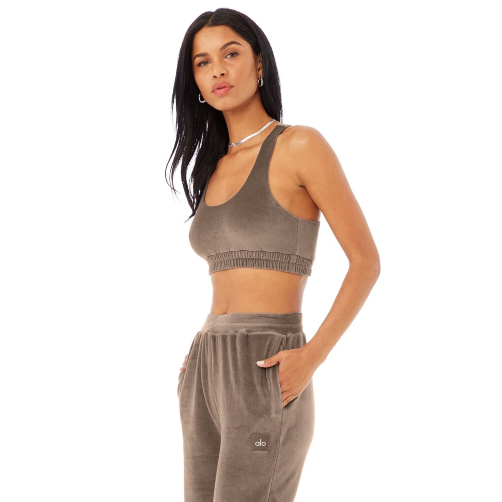 Alo Yoga Velour Glimmer Scoop Neck BHs Damen Kaffee | ZUDRVX045